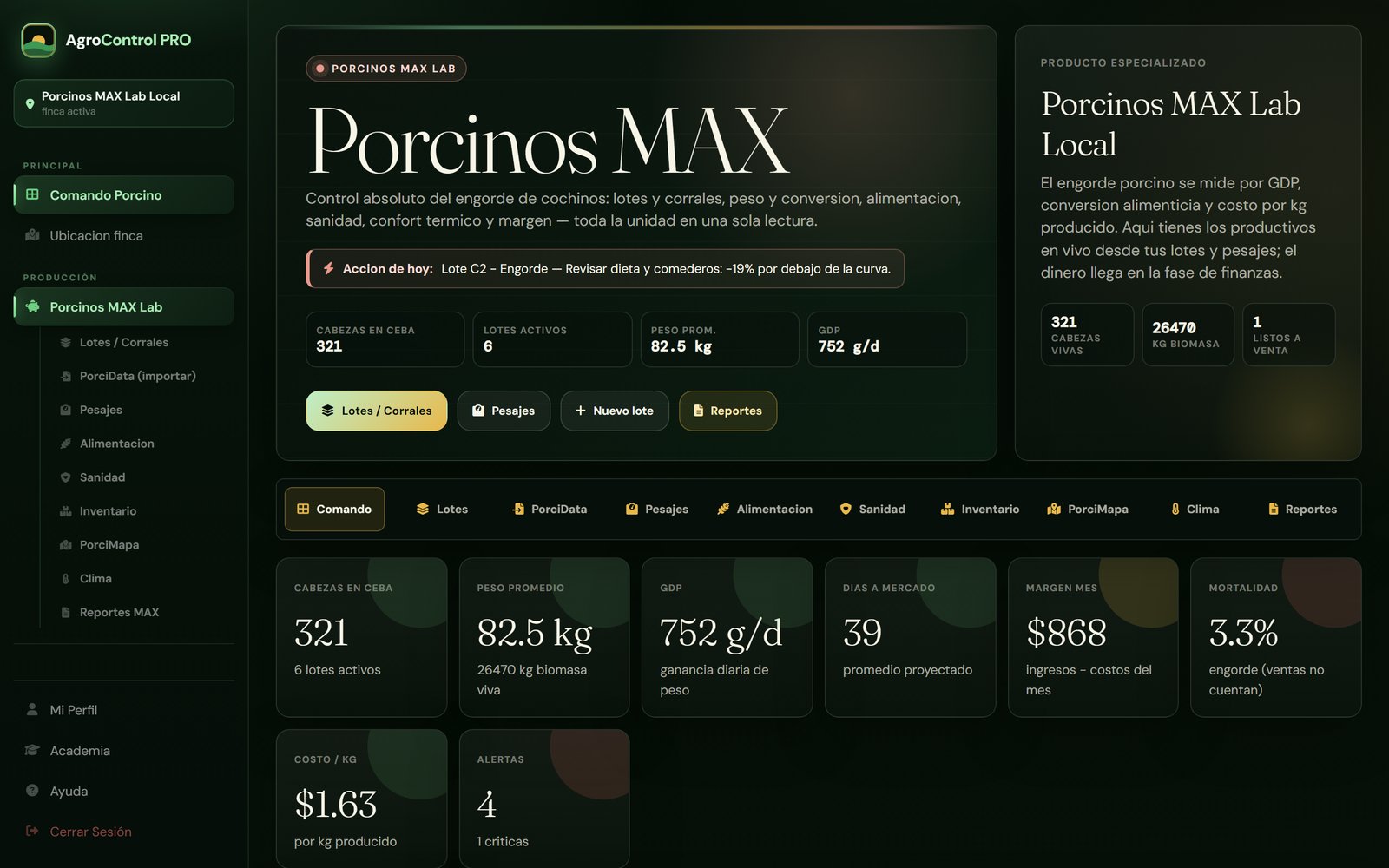 Comando Porcino con lotes, crecimiento y resultado