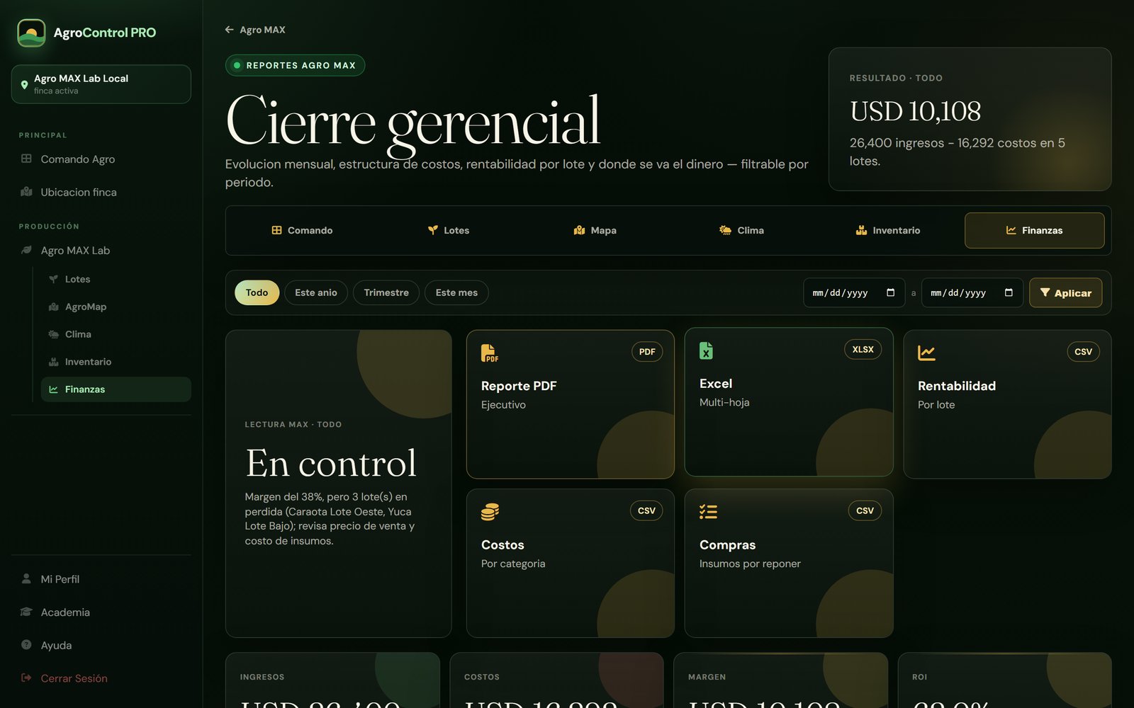 Reportes Agro MAX con comparación administrativa por lote